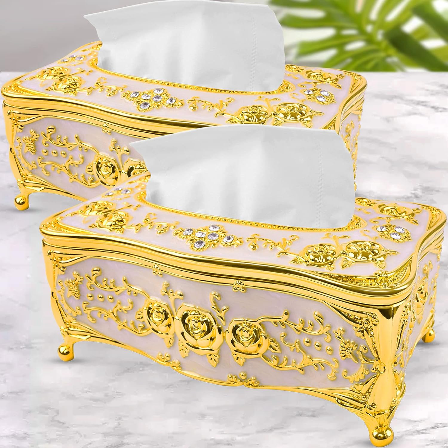 Gold Tissue Box Cover, Decorative Tissue Box Holder Rectangular Tissues Cube Boxes, Square Paper Box Napkin Holder Home Decor for Bathroom, Bedroom,...